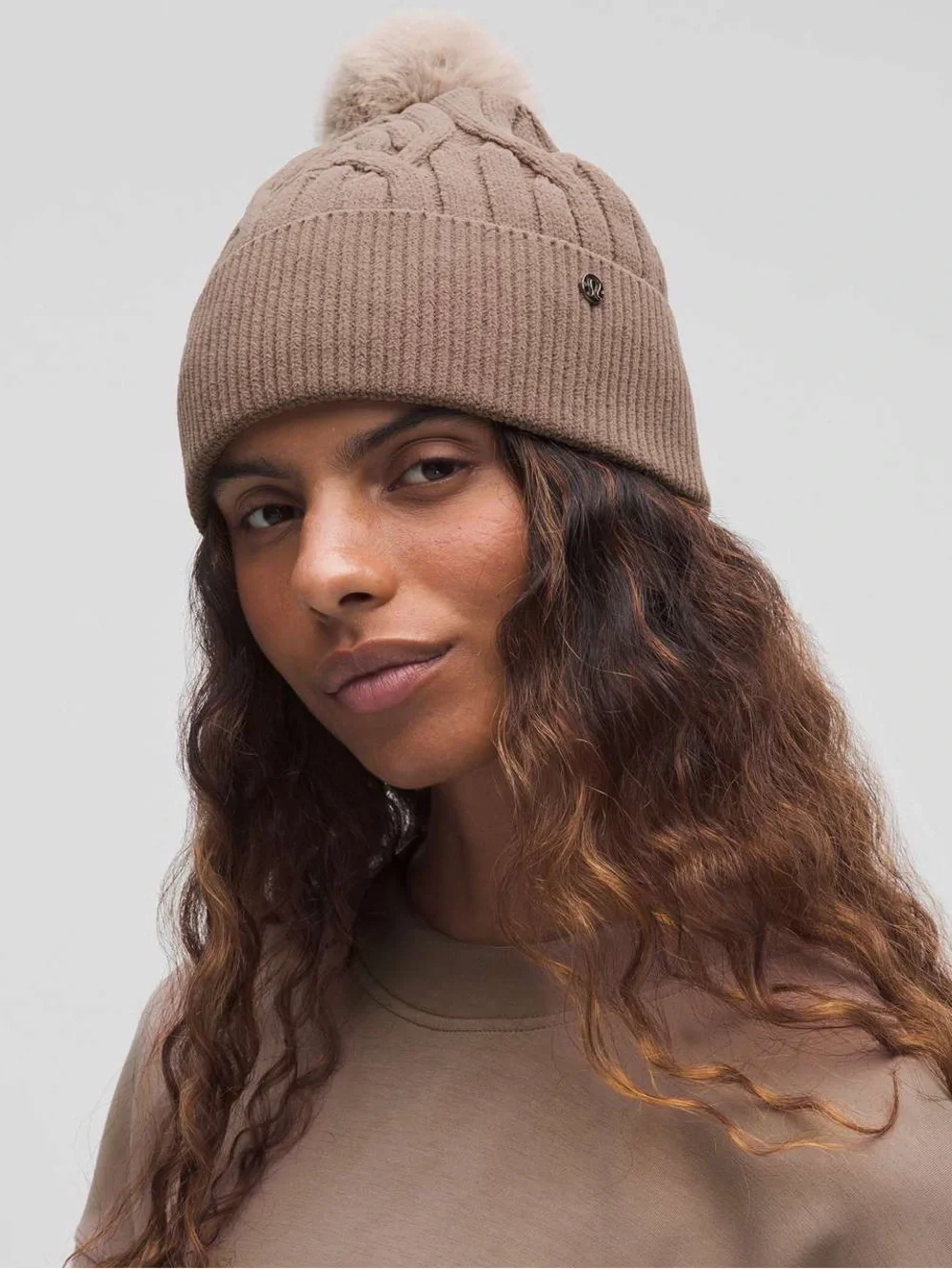 lululemon athletica Taupe Cable-Knit Pom Beanie